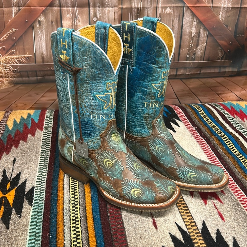 Tin Haul Turquoise and Brown Feather Boots